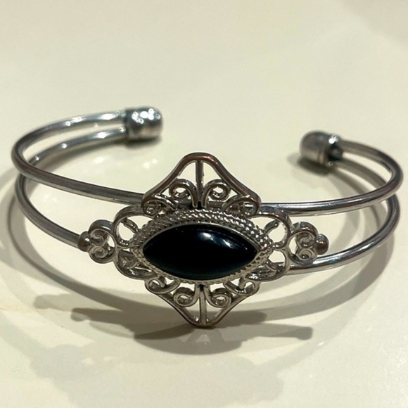 💜Toni Genuine Black Onyx Filligree Open Double‎ Band Bangle Cuff Bracelet - Picture 1 of 11